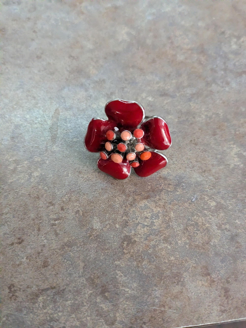 Red Floral Enamel Ring with Coral Accents - Women Jewelry